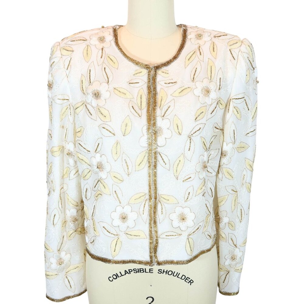 LAURENCE KAZAR Vintage Beaded Cropped Formal Jacket Size Lp NWT NOS Cream Gold - Picture 1 of 8